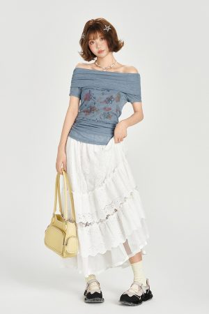 One-Shoulder Printed Waist-Cinching Slim-Fit T-Shirt for Women - American Retro Summer Style, Short Sleeve Top