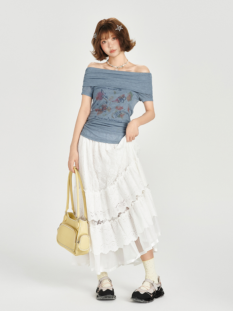 One-Shoulder Printed Waist-Cinching Slim-Fit T-Shirt for Women - American Retro Summer Style, Short Sleeve Top One-Shoulder Printed Waist-Cinching Slim-Fit T-Shirt for Women - American Retro Summer Style, Short Sleeve Top