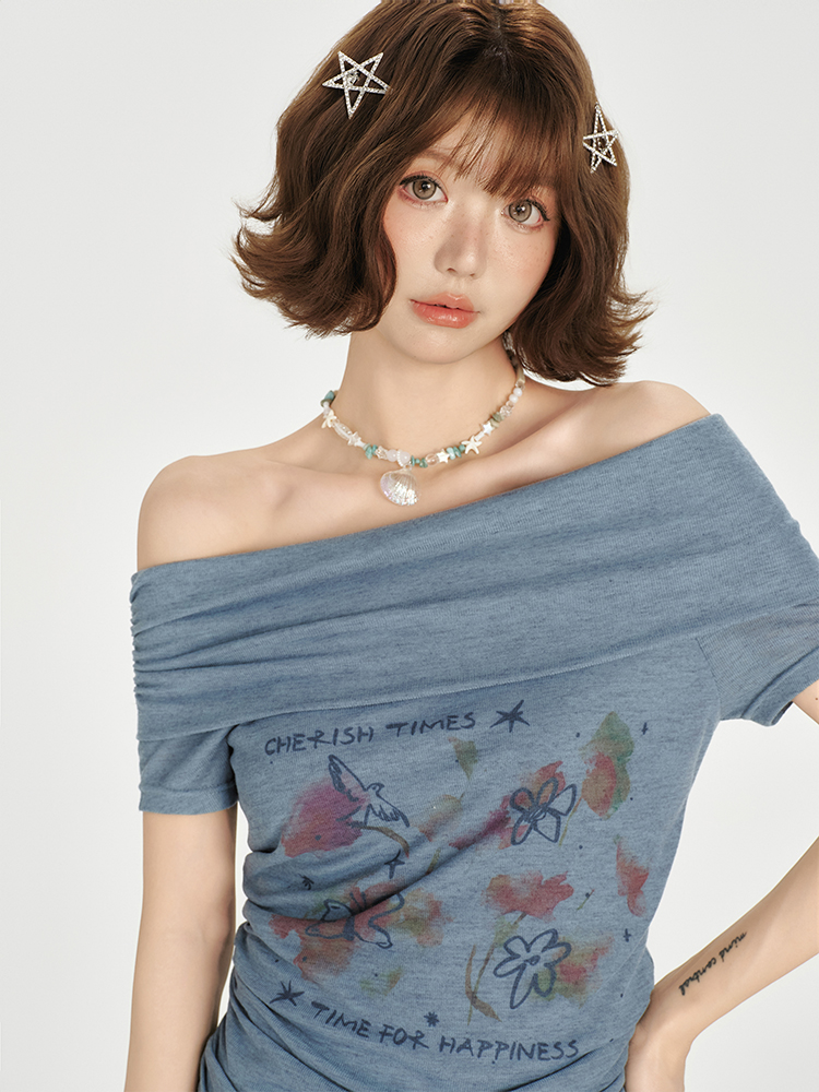 One-Shoulder Printed Waist-Cinching Slim-Fit T-Shirt for Women - American Retro Summer Style, Short Sleeve Top One-Shoulder Printed Waist-Cinching Slim-Fit T-Shirt for Women - American Retro Summer Style, Short Sleeve Top