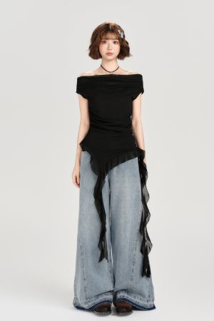 One-Shoulder Short Sleeve T-Shirt for Women - Spicy Girl Mesh Ribbon Slim Fit Top - American Style Summer Fashion