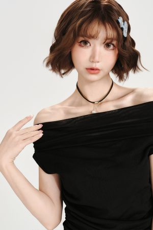 One-Shoulder Short Sleeve T-Shirt for Women - Spicy Girl Mesh Ribbon Slim Fit Top - American Style Summer Fashion