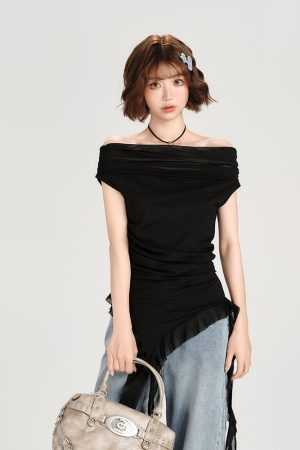 One-Shoulder Short Sleeve T-Shirt for Women - Spicy Girl Mesh Ribbon Slim Fit Top - American Style Summer Fashion