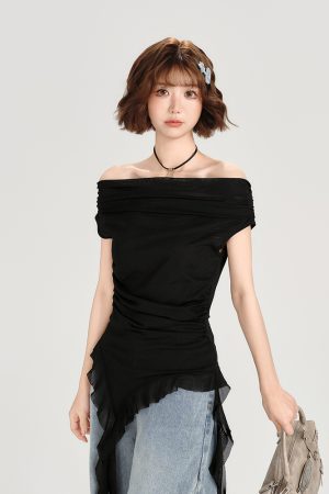 One-Shoulder Short Sleeve T-Shirt for Women - Spicy Girl Mesh Ribbon Slim Fit Top - American Style Summer Fashion