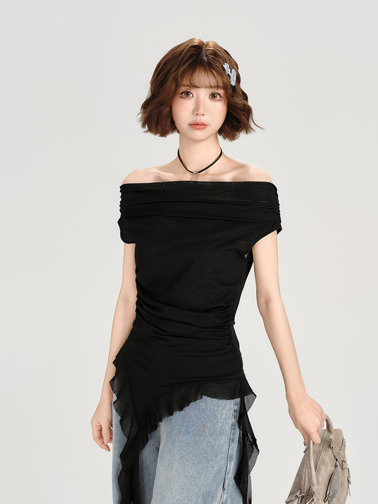 One-Shoulder Short Sleeve T-Shirt for Women - Spicy Girl Mesh Ribbon Slim Fit Top - American Style Summer Fashion One-Shoulder Short Sleeve T-Shirt for Women - Spicy Girl Mesh Ribbon Slim Fit Top - American Style Summer Fashion