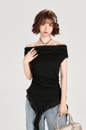 One-Shoulder Short Sleeve T-Shirt for Women - Spicy Girl Mesh Ribbon Slim Fit Top - American Style Summer Fashion