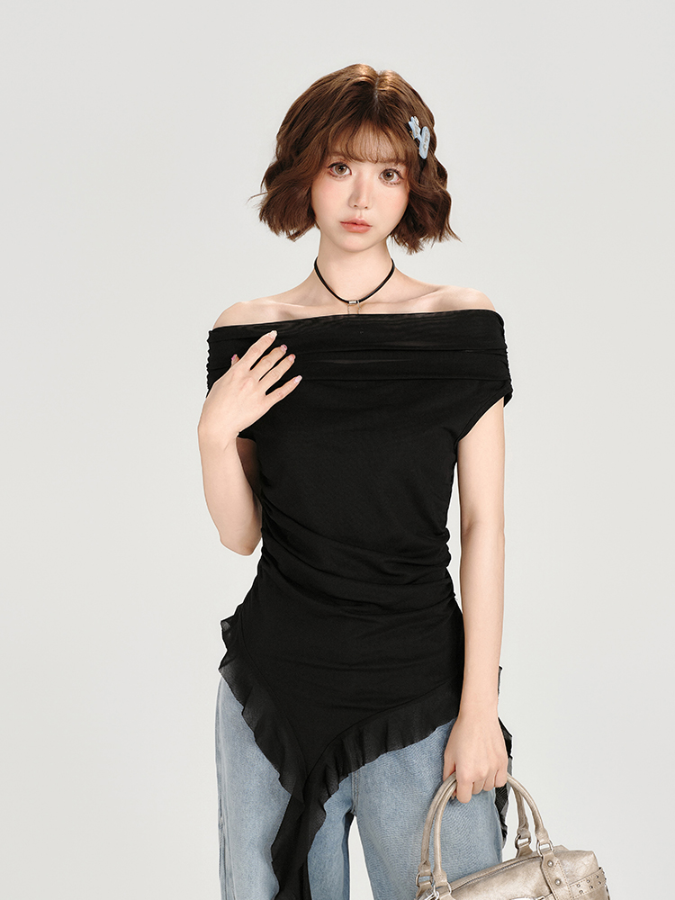 One-Shoulder Short Sleeve T-Shirt for Women - Spicy Girl Mesh Ribbon Slim Fit Top - American Style Summer Fashion One-Shoulder Short Sleeve T-Shirt for Women - Spicy Girl Mesh Ribbon Slim Fit Top - American Style Summer Fashion