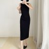 One-Shoulder Sleeveless Pleated Dress for Women - Vintage Black Spaghetti Strap Mid-Length Dress for Spring & Summer Commuting