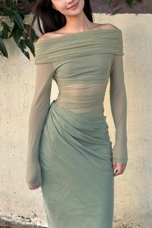 One-Shoulder Spicy Sexy Mesh Dress with Waist-Showing Design – Slightly Sheer Long Skirt, Trendy Korean Style for a Bold Look
