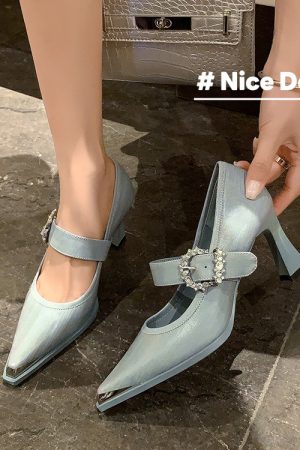 One-Strap Metallic Pointed High Heels for Women - French Rhinestone Mary Jane Shoes, Gentle Style, Elegant Footwear