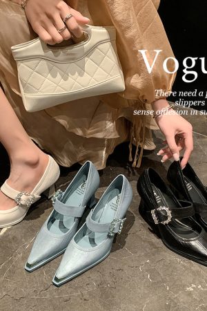 One-Strap Metallic Pointed High Heels for Women - French Rhinestone Mary Jane Shoes, Gentle Style, Elegant Footwear