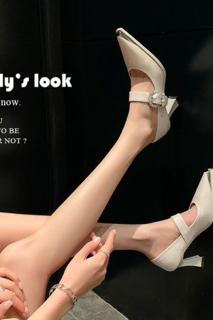 One-Strap Metallic Pointed High Heels for Women - French Rhinestone Mary Jane Shoes, Gentle Style, Elegant Footwear