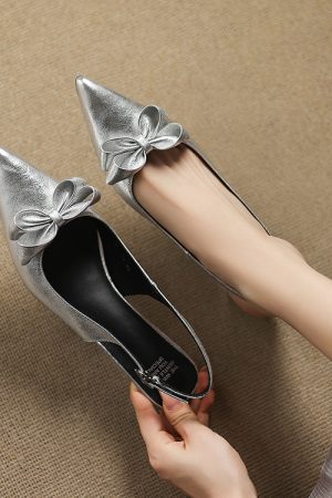 Open-Back High Heel Sandals for Women - French Pointed Toe Genuine Leather with Stunning Bow Detail