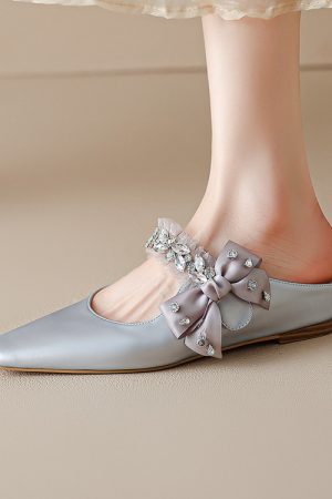 Open-Toe Half Slippers with Bowknot Rhinestones - Women's One-Strap Sandals in Italian French Fashion Style