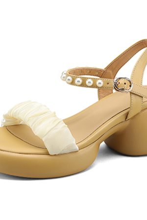Open-Toe Thick-Soled Leather Sandals for Women - Summer Vacation Fashion with Pearl Detail - Versatile High Heels