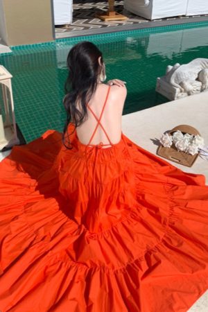 Orange Backless Camisole Dress - Long Ankle-Length Beach Vacation Skirt with Swing Design for Summer Style