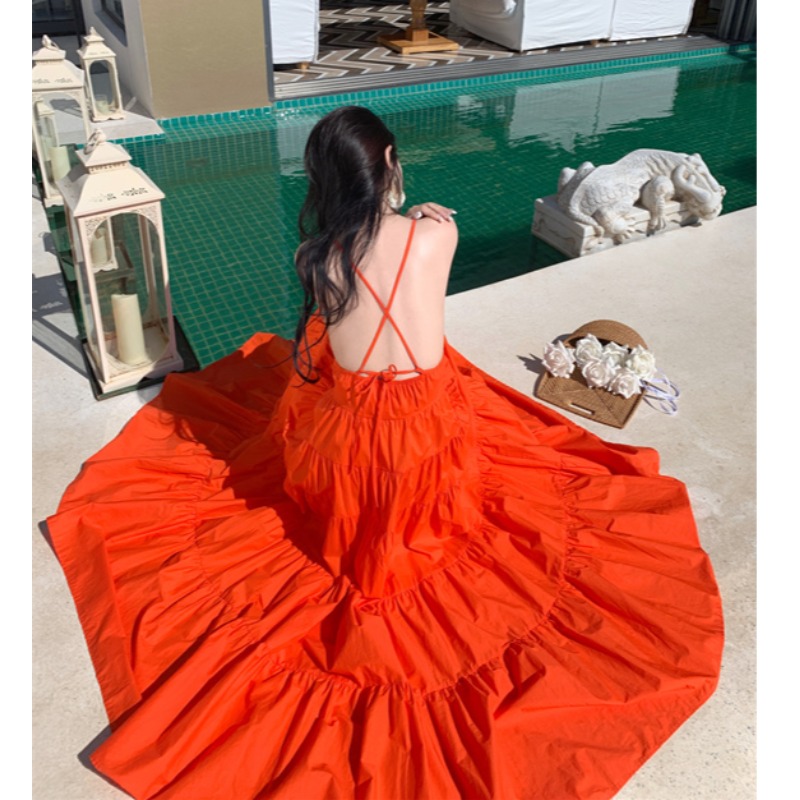 Orange Backless Camisole Dress - Long Ankle-Length Beach Vacation Skirt with Swing Design for Summer Style Orange Backless Camisole Dress - Long Ankle-Length Beach Vacation Skirt with Swing Design for Summer Style