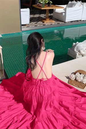 Orange Backless Camisole Dress - Long Ankle-Length Beach Vacation Skirt with Swing Design for Summer Style