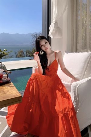 Orange Backless Camisole Dress - Long Ankle-Length Beach Vacation Skirt with Swing Design for Summer Style