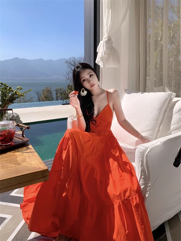 Orange Backless Camisole Dress - Long Ankle-Length Beach Vacation Skirt with Swing Design for Summer Style Orange Backless Camisole Dress - Long Ankle-Length Beach Vacation Skirt with Swing Design for Summer Style