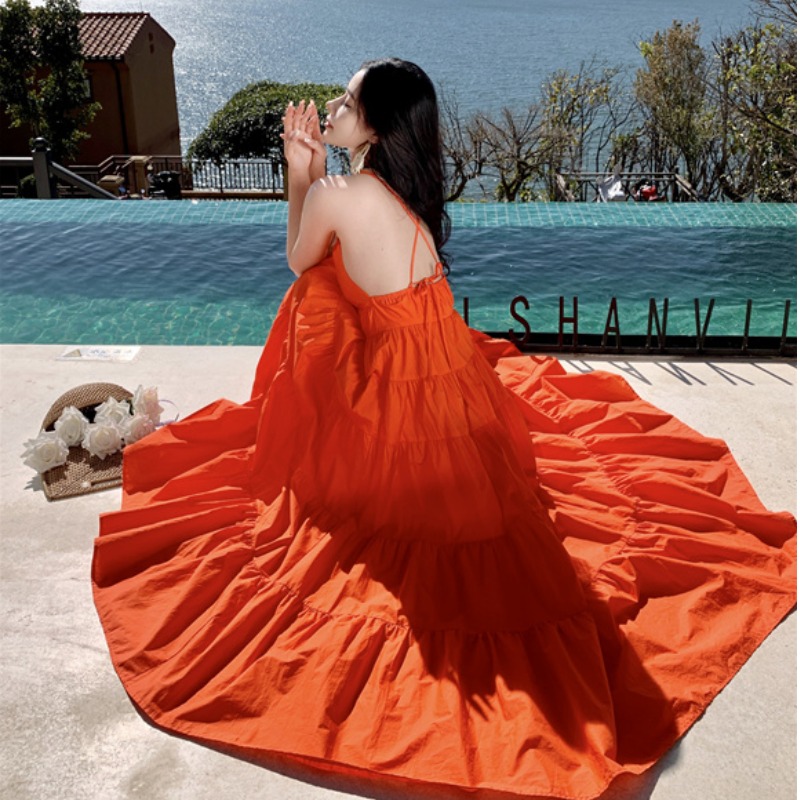 Orange Backless Camisole Dress - Long Ankle-Length Beach Vacation Skirt with Swing Design for Summer Style Orange Backless Camisole Dress - Long Ankle-Length Beach Vacation Skirt with Swing Design for Summer Style