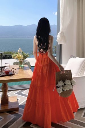 Orange Backless Camisole Dress - Long Ankle-Length Beach Vacation Skirt with Swing Design for Summer Style