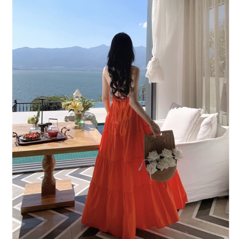 Orange Backless Camisole Dress - Long Ankle-Length Beach Vacation Skirt with Swing Design for Summer Style Orange Backless Camisole Dress - Long Ankle-Length Beach Vacation Skirt with Swing Design for Summer Style