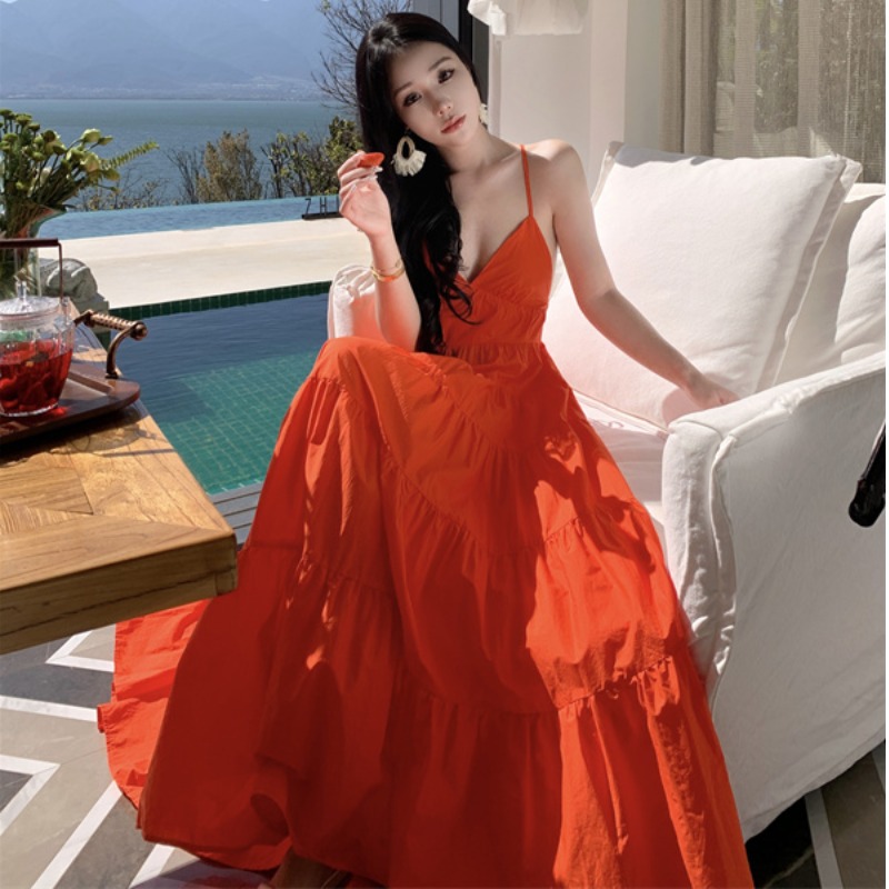 Orange Backless Camisole Dress - Long Ankle-Length Beach Vacation Skirt with Swing Design for Summer Style Orange Backless Camisole Dress - Long Ankle-Length Beach Vacation Skirt with Swing Design for Summer Style