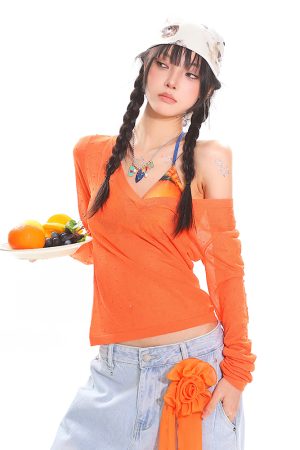 Orange Long Sleeve V-Neck Sun Protection Cover-Up for Women - Relaxed Fit Summer Top for a Casual Hot Girl Look