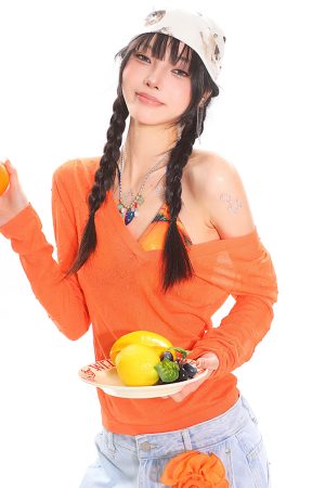 Orange Long Sleeve V-Neck Sun Protection Cover-Up for Women - Relaxed Fit Summer Top for a Casual Hot Girl Look