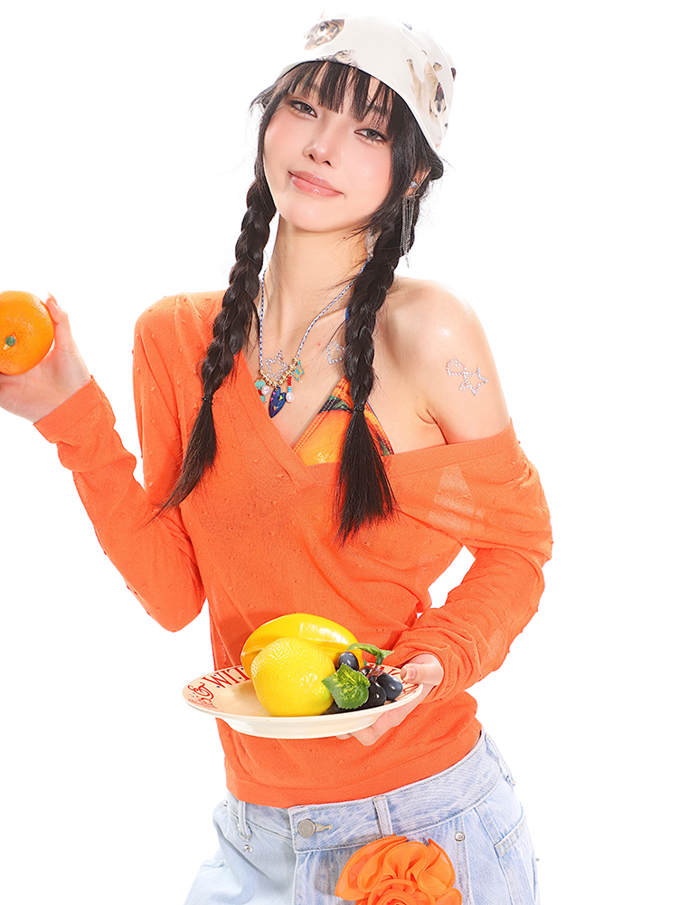 Orange Long Sleeve V-Neck Sun Protection Cover-Up for Women - Relaxed Fit Summer Top for a Casual Hot Girl Look Orange Long Sleeve V-Neck Sun Protection Cover-Up for Women - Relaxed Fit Summer Top for a Casual Hot Girl Look