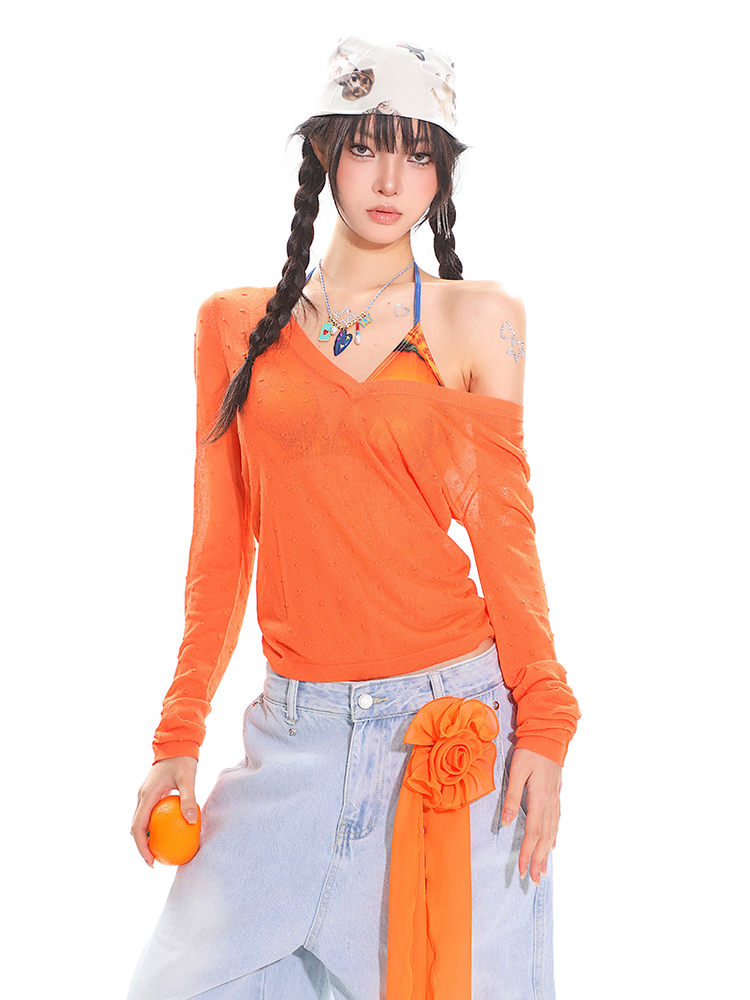 Orange Long Sleeve V-Neck Sun Protection Cover-Up for Women - Relaxed Fit Summer Top for a Casual Hot Girl Look Orange Long Sleeve V-Neck Sun Protection Cover-Up for Women - Relaxed Fit Summer Top for a Casual Hot Girl Look