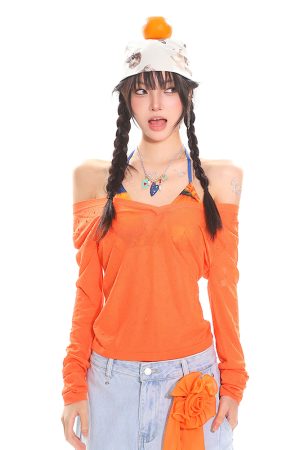 Orange Long Sleeve V-Neck Sun Protection Cover-Up for Women - Relaxed Fit Summer Top for a Casual Hot Girl Look