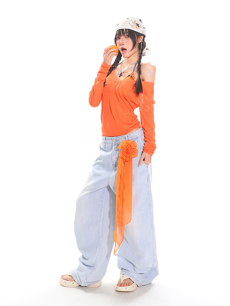 Orange Long Sleeve V-Neck Sun Protection Cover-Up for Women - Relaxed Fit Summer Top for a Casual Hot Girl Look Orange Long Sleeve V-Neck Sun Protection Cover-Up for Women - Relaxed Fit Summer Top for a Casual Hot Girl Look