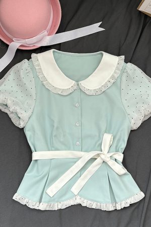 Original JK Uniform Yellow Doll Collar Top with Pudding Bear and Polka Dot Skirt Set - Women's Summer College Style