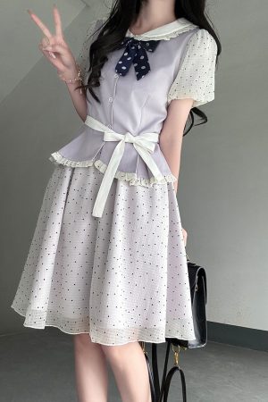 Original JK Uniform Yellow Doll Collar Top with Pudding Bear and Polka Dot Skirt Set - Women's Summer College Style