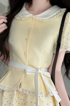 Original JK Uniform Yellow Doll Collar Top with Pudding Bear and Polka Dot Skirt Set - Women's Summer College Style