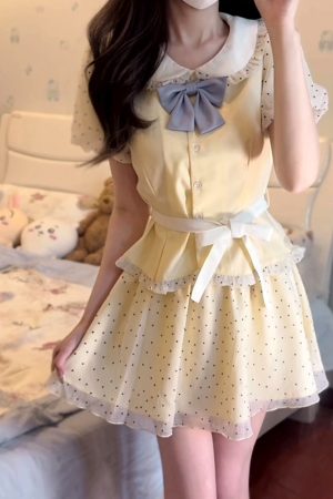 Original JK Uniform Yellow Doll Collar Top with Pudding Bear and Polka Dot Skirt Set - Women's Summer College Style