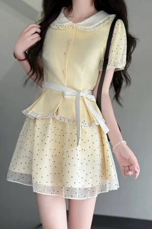 Original JK Uniform Yellow Doll Collar Top with Pudding Bear and Polka Dot Skirt Set - Women's Summer College Style