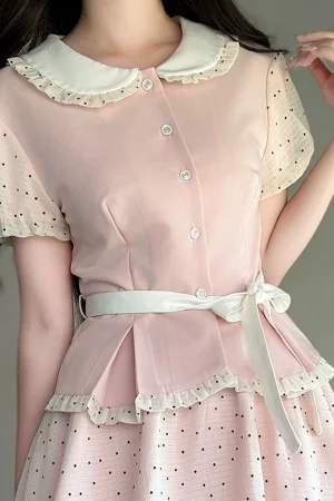 Original JK Uniform Yellow Doll Collar Top with Pudding Bear and Polka Dot Skirt Set - Women's Summer College Style