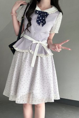 Original JK Uniform Yellow Doll Collar Top with Pudding Bear and Polka Dot Skirt Set - Women's Summer College Style