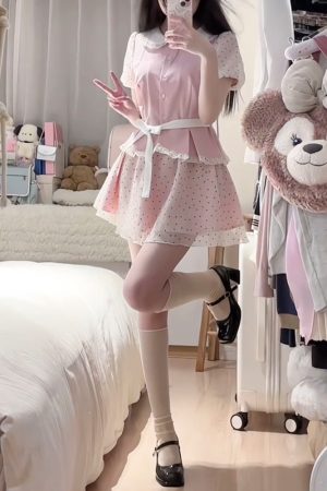 Original JK Uniform Yellow Doll Collar Top with Pudding Bear and Polka Dot Skirt Set - Women's Summer College Style