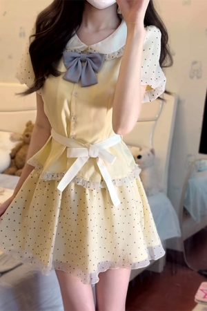 Original JK Uniform Yellow Doll Collar Top with Pudding Bear and Polka Dot Skirt Set - Women's Summer College Style