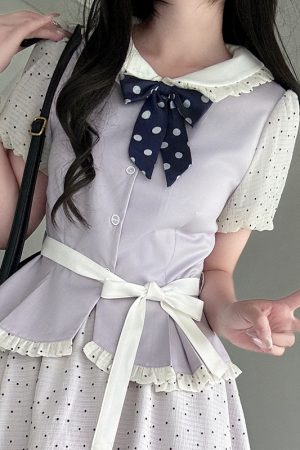 Original JK Uniform Yellow Doll Collar Top with Pudding Bear and Polka Dot Skirt Set - Women's Summer College Style