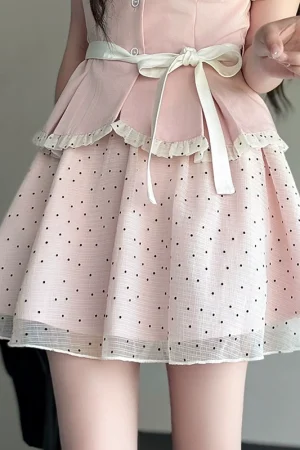 Original JK Uniform Yellow Doll Collar Top with Pudding Bear and Polka Dot Skirt Set - Women's Summer College Style