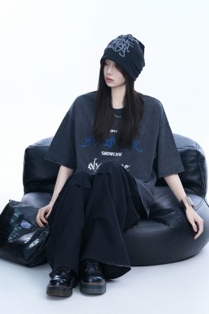 Oversized Black Short-Sleeve T-Shirt for Women - American Street Style, Casual Loose Fit, Y2K Fashion, Graphic Tee