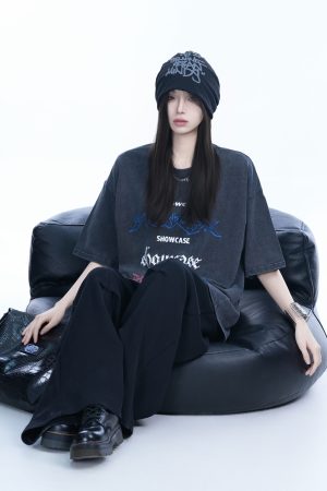 Oversized Black Short-Sleeve T-Shirt for Women - American Street Style, Casual Loose Fit, Y2K Fashion, Graphic Tee