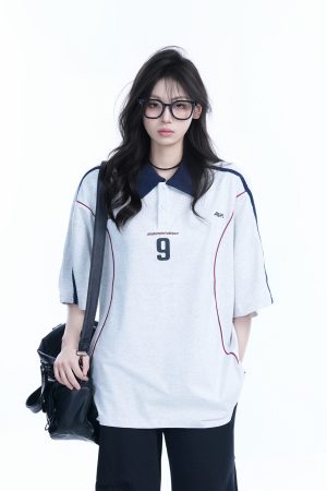 Oversized Black Short Sleeve T-Shirt for Women with American Street Style Collar and Quote, Casual Y2K Fashion Top