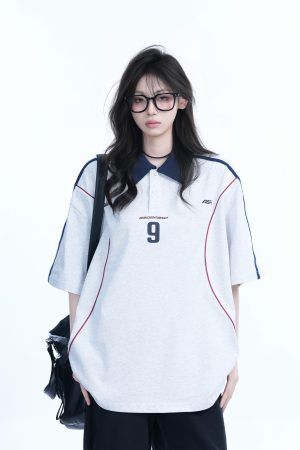 Oversized Black Short Sleeve T-Shirt for Women with American Street Style Collar and Quote, Casual Y2K Fashion Top