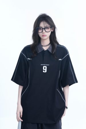 Oversized Black Short Sleeve T-Shirt for Women with American Street Style Collar and Quote, Casual Y2K Fashion Top