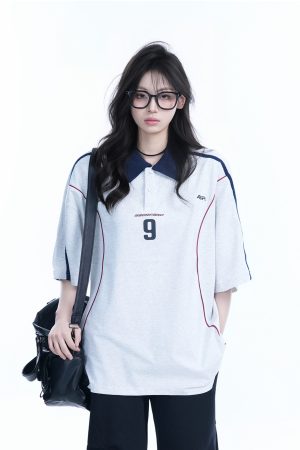 Oversized Black Short Sleeve T-Shirt for Women with American Street Style Collar and Quote, Casual Y2K Fashion Top